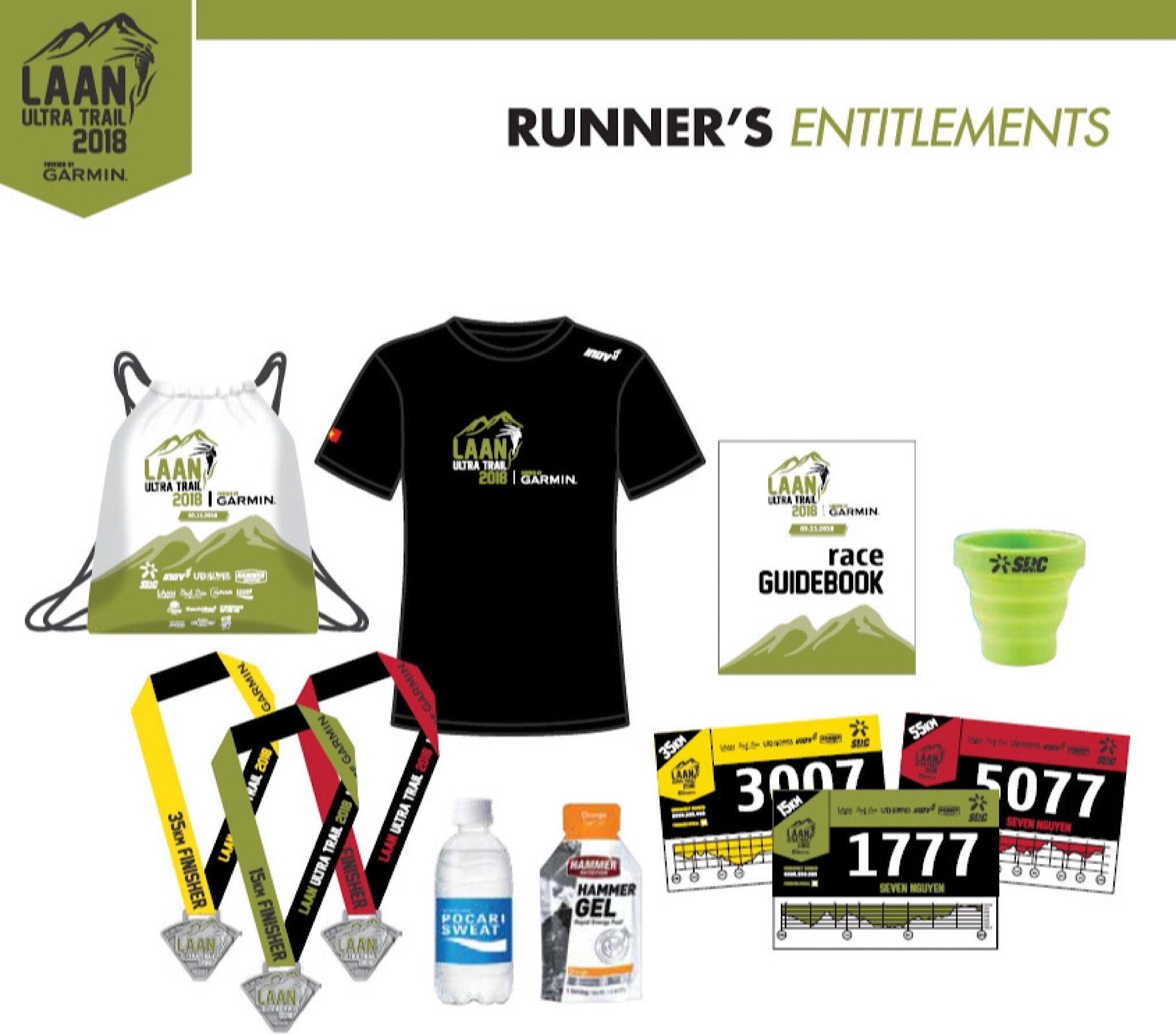 Đây là race kit giải chạy Laan Ultra Trail. 3 màu bib tương ứng với 3 màu dây của huy chương